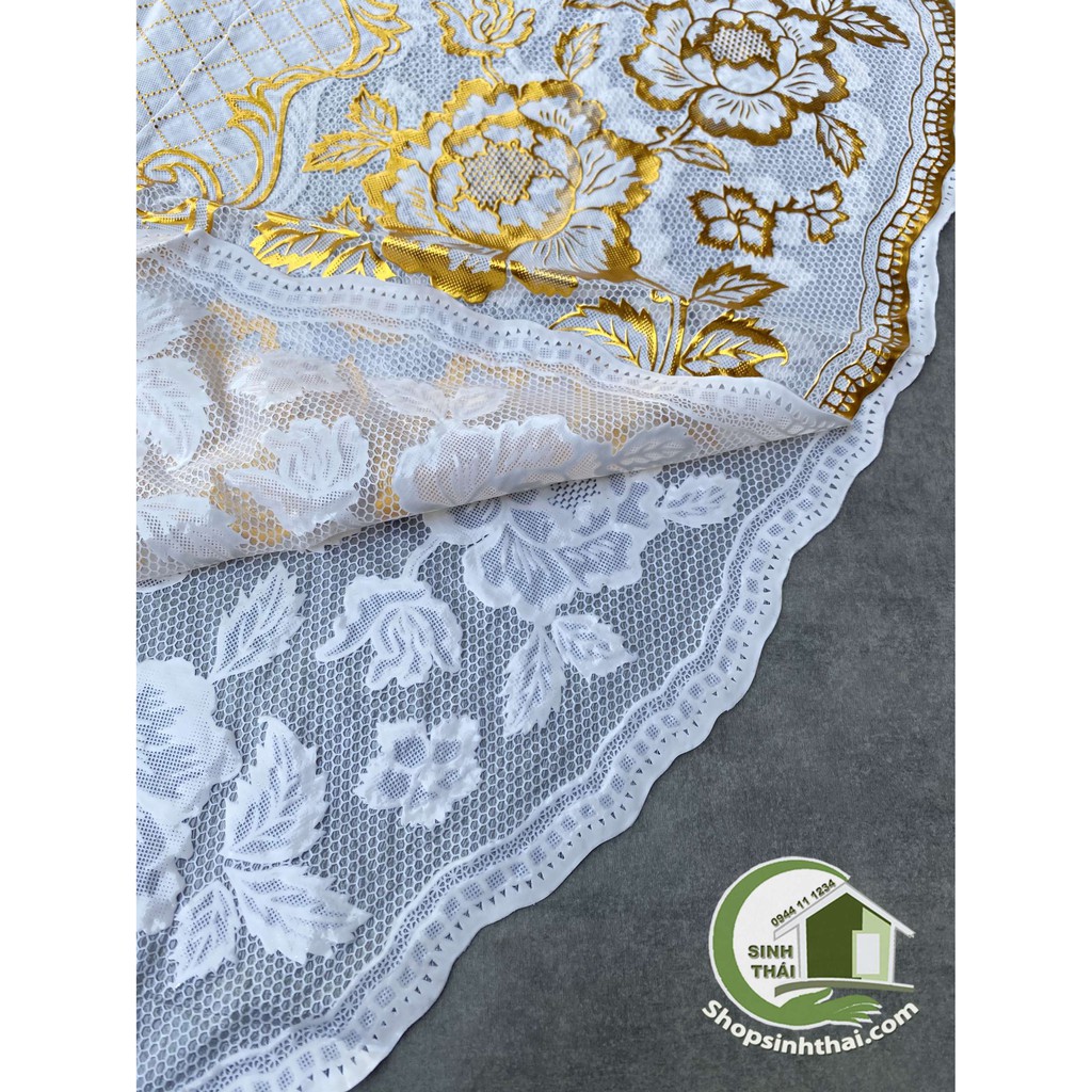 Tấm khăn trải bàn bằng oval lớn 1,4m x 2m - khăn bằng nhựa không thấm nước- ren hoa vàng