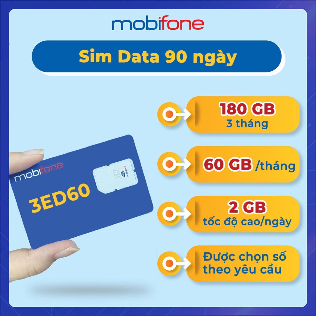 Sim 4G Mobifone 3ED60 3 tháng ưu đãi đến 90GB - Mobifone store