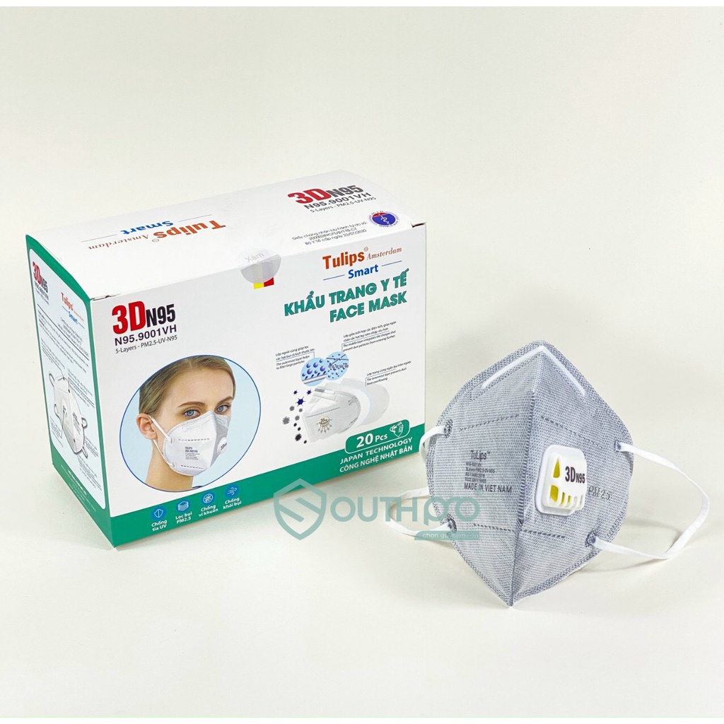 Hộp 20 cái Hàng Chính Hãng Khẩu Trang y tế 3D TULIPS N95 9001VH - Có Van 1 chiều