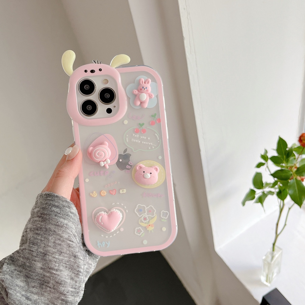 Ốp Điện Thoại Tpu Silicon Mềm Trong Suốt Hình Tai Thỏ 3D Đính Ngọc Trai Cho iphone 13 12 11 Pro XS Max XR