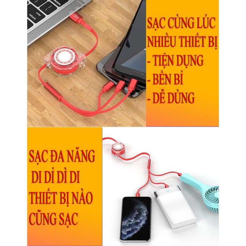 Cáp đa năng 3 đầu sạc Dây Rút YT 3 in 1 Tiện Dụng