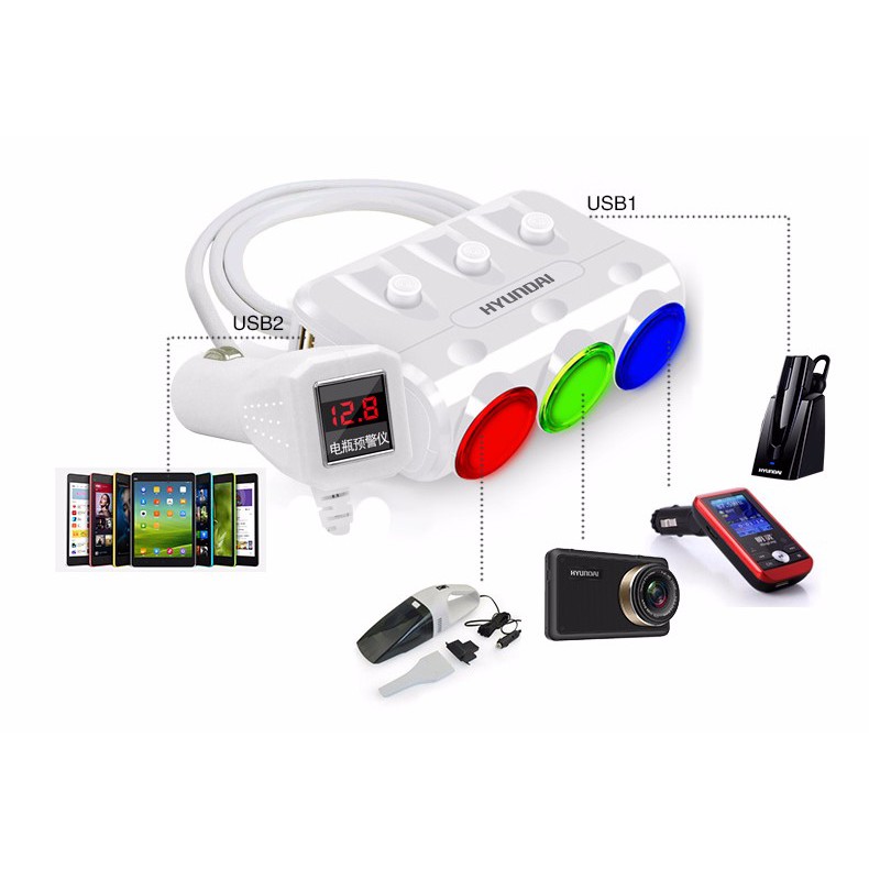 Bộ chia tẩu sạc oto, xe hơi cao cấp 3 tẩu - 2 cổng USB HYUNDAI