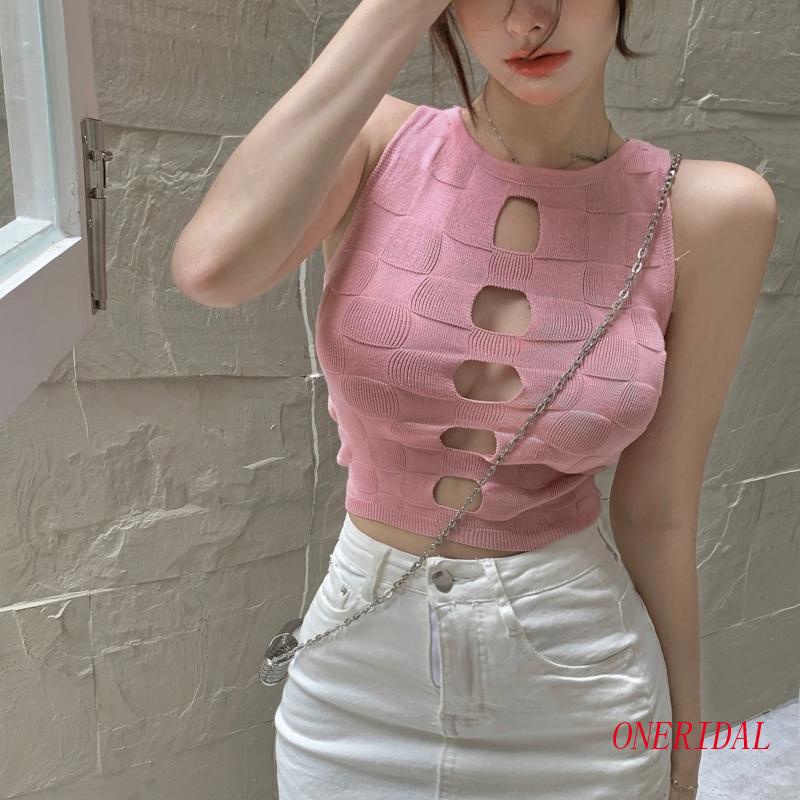 Áo Croptop Dệt Kim Sát Nách Khoét Lỗ Thời Trang Đường Phố Gợi Cảm Cho Nữ