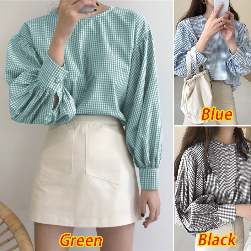 Áo Kiểu Nữ ZANZEA Ca Rô Dài Tay Cổ Tròn Thời Trang Hàn