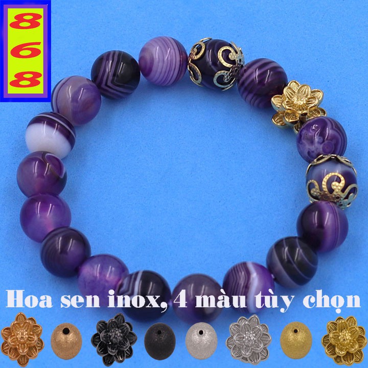 Chuỗi Tay Phong Thủy Tím Vân Ốc 8 ly, 10 ly, 12 ly, 14 ly Charm Hoa Sen Inox - Phong thủy 868