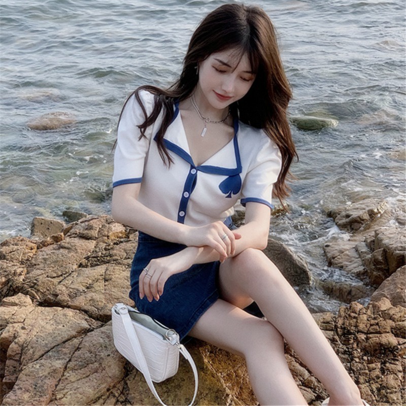 Áo cardigan ZHELIHANGFEI dệt kim tay ngắn cổ polo phong cách quyến rũ tùy chọn màu sắc