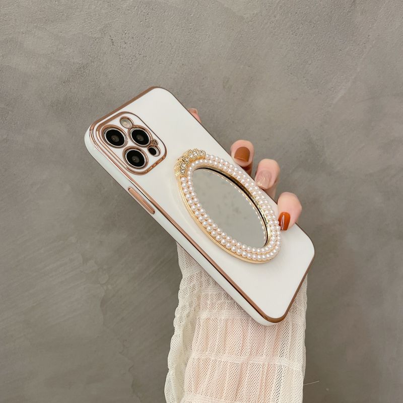 Luxury Princess Pearl Mirror Plated Case iPhone 11 12 Pro Max XR 7 8 Plus Retro Gold Electroplate Glitter Diamond Cover XS X