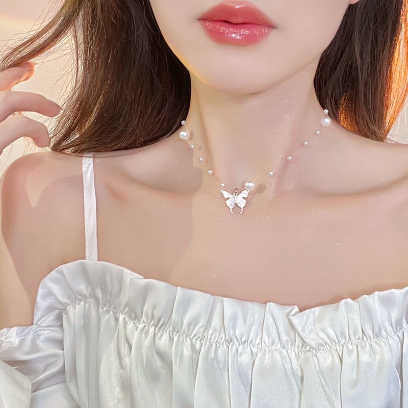 Vòng cổ nữ MANYUE phối mặt hình bướm và ngọc trai thời trang