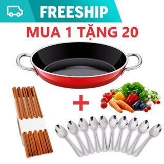 CHẢO CHỐNG DÍNH 2 QUAI SIZE 22cm TẶNG BỘ 10 MUỖNG INOX 10 ĐŨA GỖ