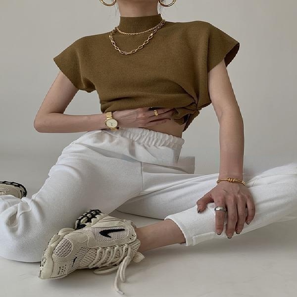 Áo thun không tay cổ cao dáng rộng phong cách mới năm 2021 dành cho nữ