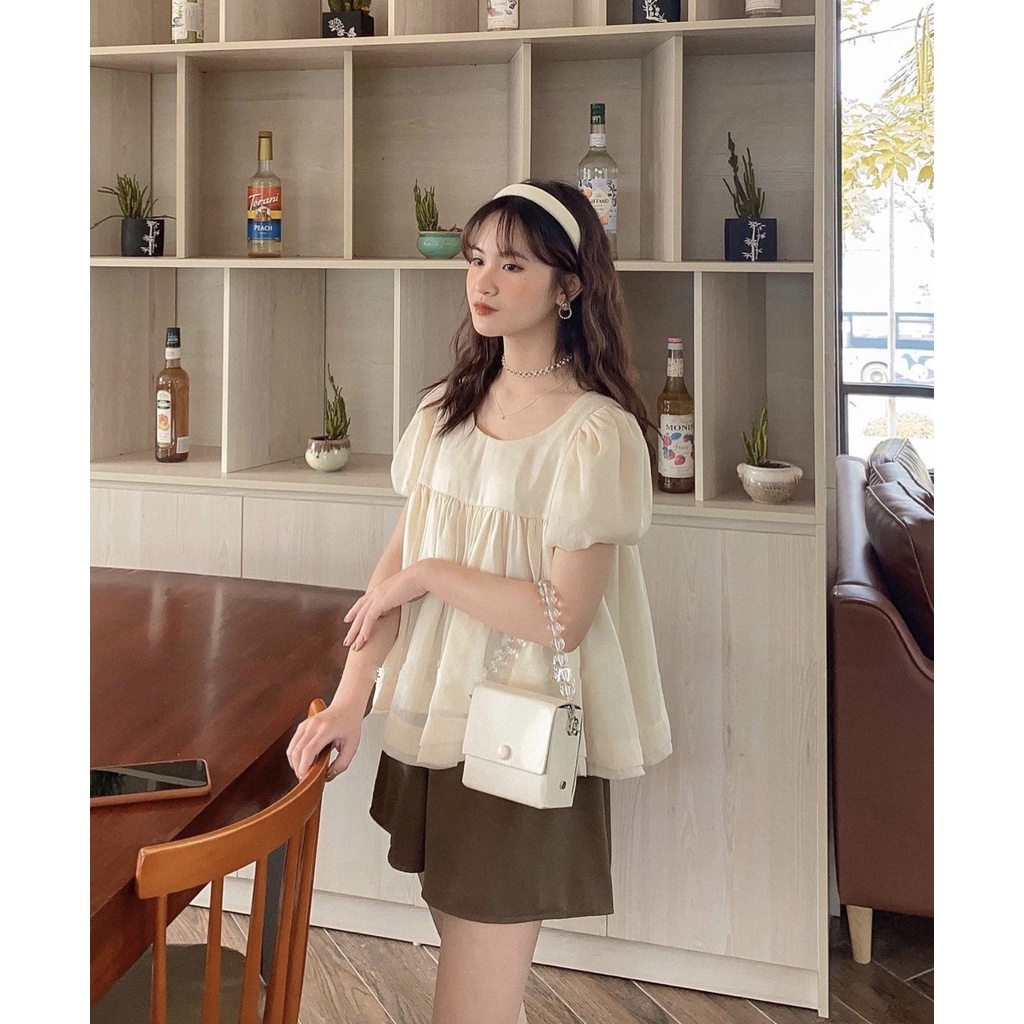 Set áo babydoll chất voan tơ kèm quần short nâu phong cách Hàn Quốc, Set đồ nữ cá tính đi chơi mua hè