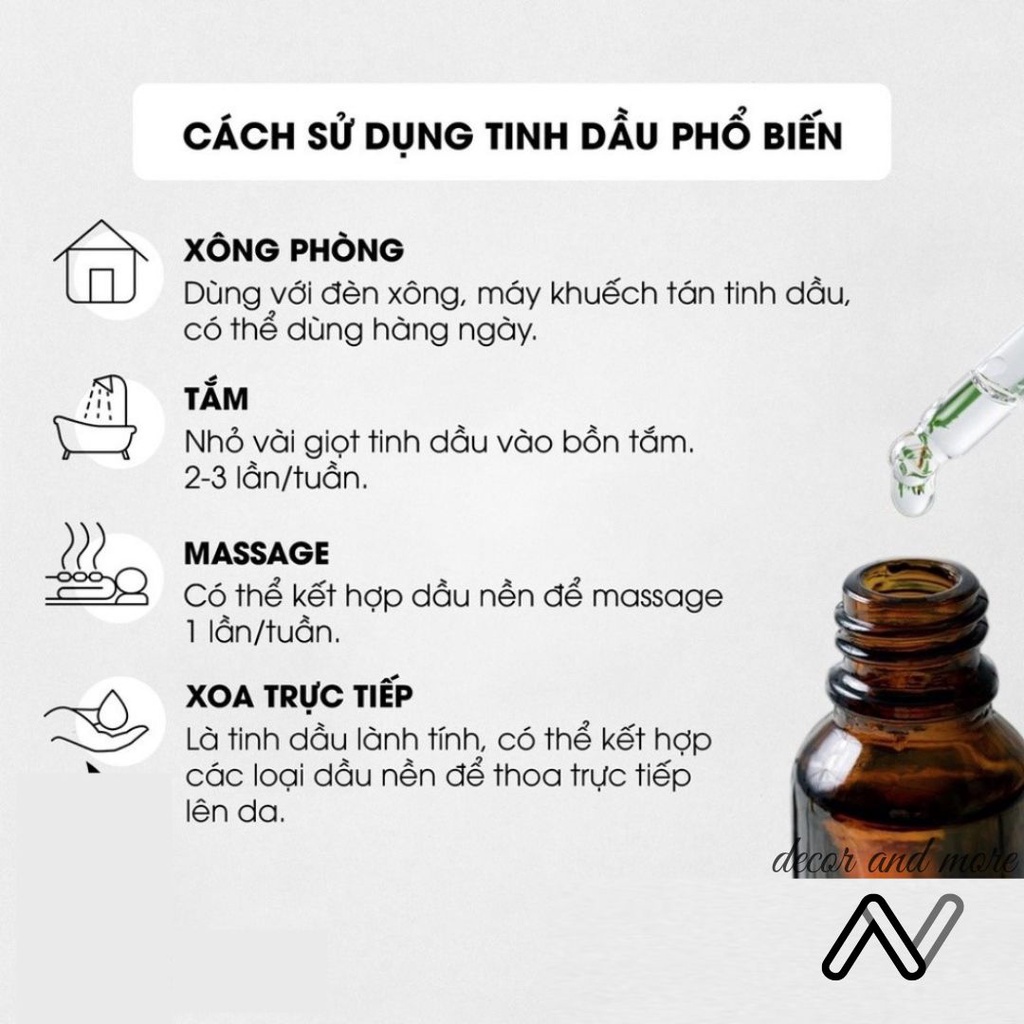 Tinh dầu thiên nhiên nguyên chất lọ 10ml, Có giấy kiểm định chất lượng ANDECOR