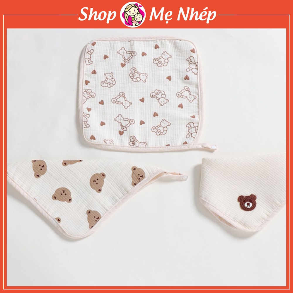 Khăn yếm vuông cho bé chất liệu cotton 3 lớp họa tiết gấu đáng yêu