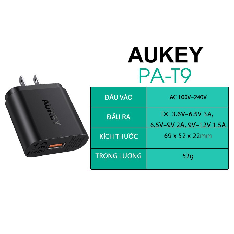 Cốc Sạc Nhanh AUKEY PA-T9, Q.C 3.0 18W Sạc Nhanh Gấp 4 Lần Sạc Thường - Bảo hành 24T