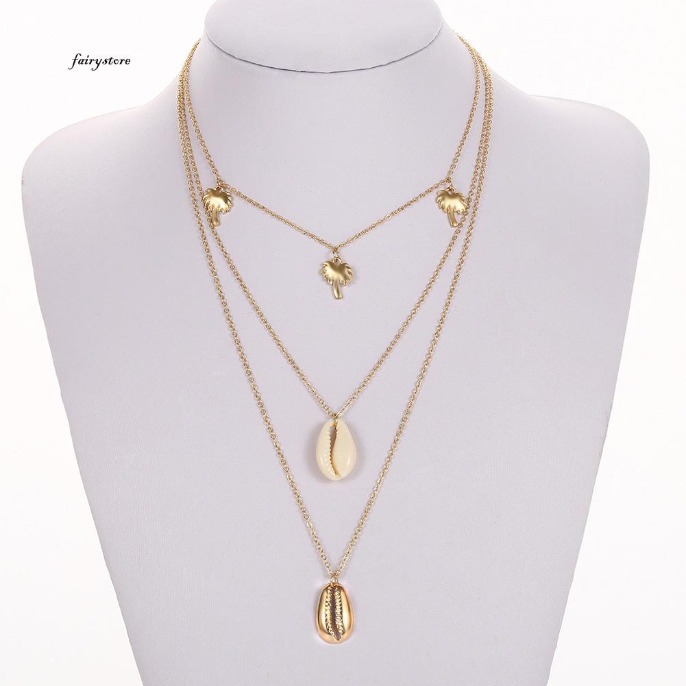 Vòng cổ Nhiều Lớp Phối Mặt Hình Cây Cọ Và Vỏ Sò Thời Trang Xinh Xắn Cho Nữ