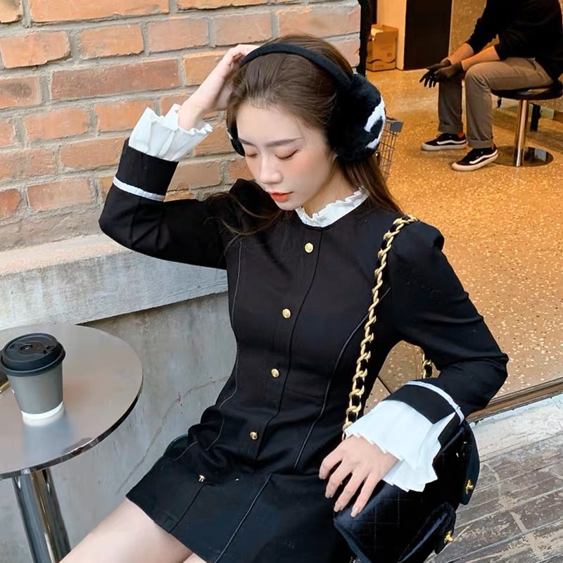 Đầm suông cúc đồng cổ tàu tay loe xếp ly thắt nơ xinh xắn