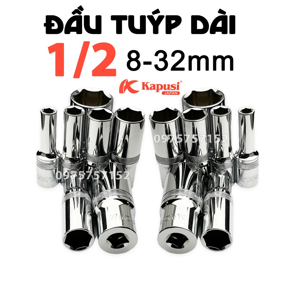 Đầu Tuýp 1/2 Dài Kapusi 8 - 32Mm, Đầu Típ, Đầu Khẩu Lục Giác Đủ Kích Cỡ Thép Cr - V Siêu Cứng Mở Bulong, Đầu Tiếp Lục Giác