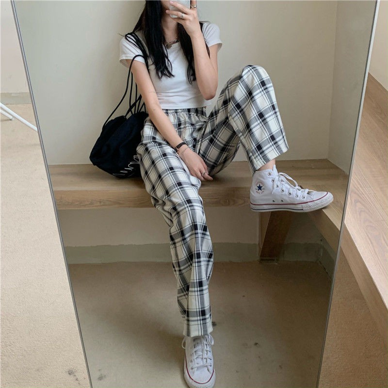 Plaid pants women loose straight 2021 new summer thin casual pants high waist thin mopping pants trend