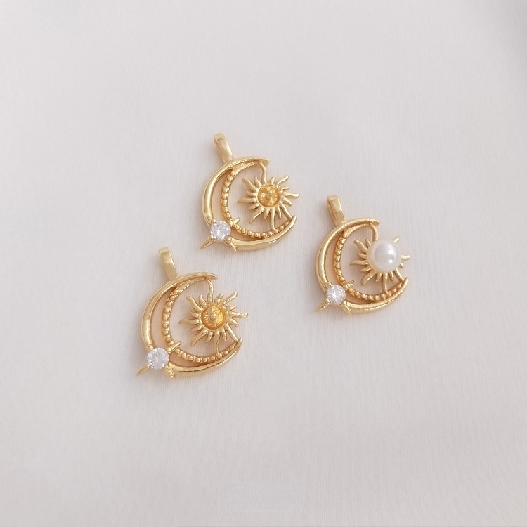 Vòng cổ Đồng 14K Mặt Hình Trăng Sao Mặt Trời Đính Ngọc Trai Làm Đồ Thủ Công DIY