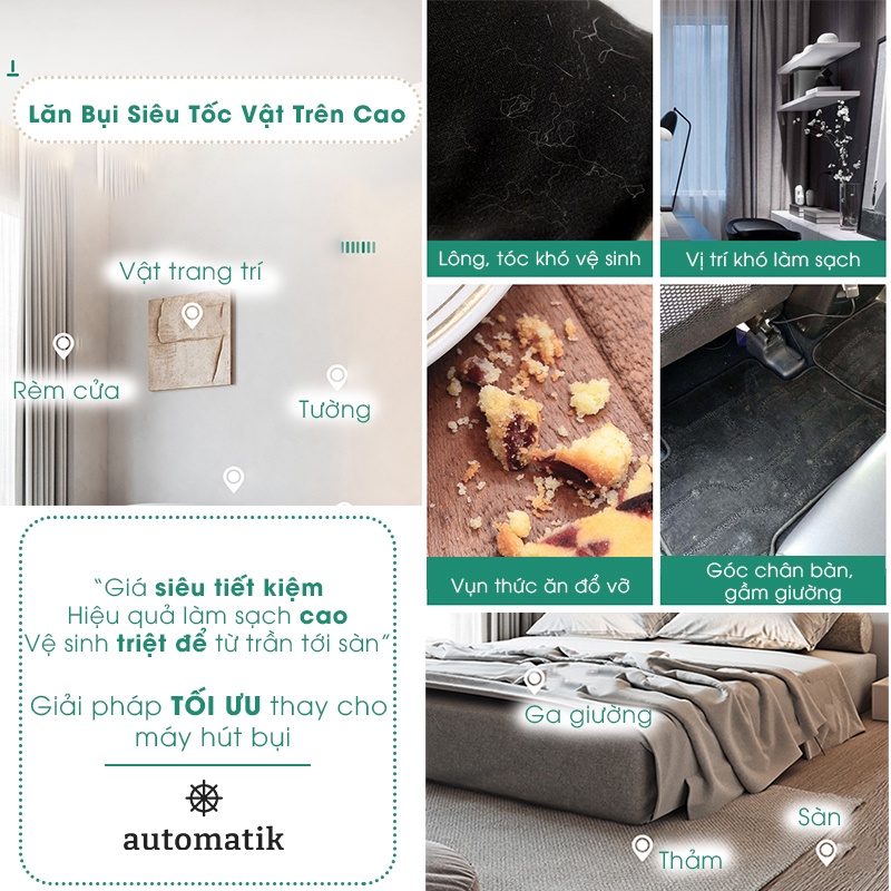 Cây Lăn Bụi Cán Dài Làm Sạch Quần Áo Ga Giường Sofa Sàn Nhà Có Nắp 16cm, 24cm Lăn Lông Tóc Siêu Dính Siêu Tốc Automatik