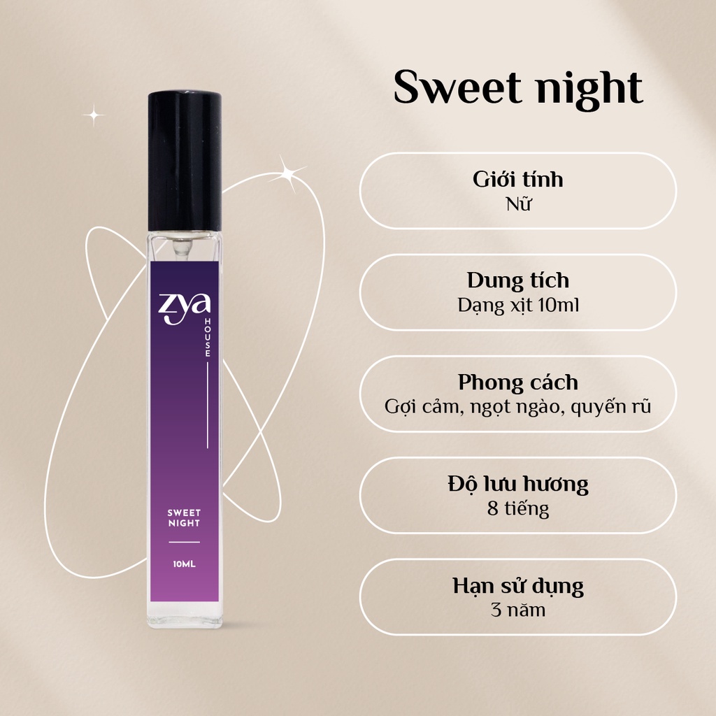 Nước Hoa Nữ Zya Sweet Night Hương Thơm Nồng Nàn, Quyến Rũ, Sang Trọng, Dung Tích 10ml, Thơm Lâu Từ 6 Đến 8 Tiếng