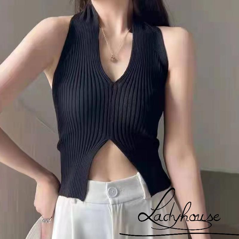 Áo Croptop Hai Dây Cổ Chữ V Dáng Ôm Xẻ Tà Hở Lưng Thời Trang Cho Nữ