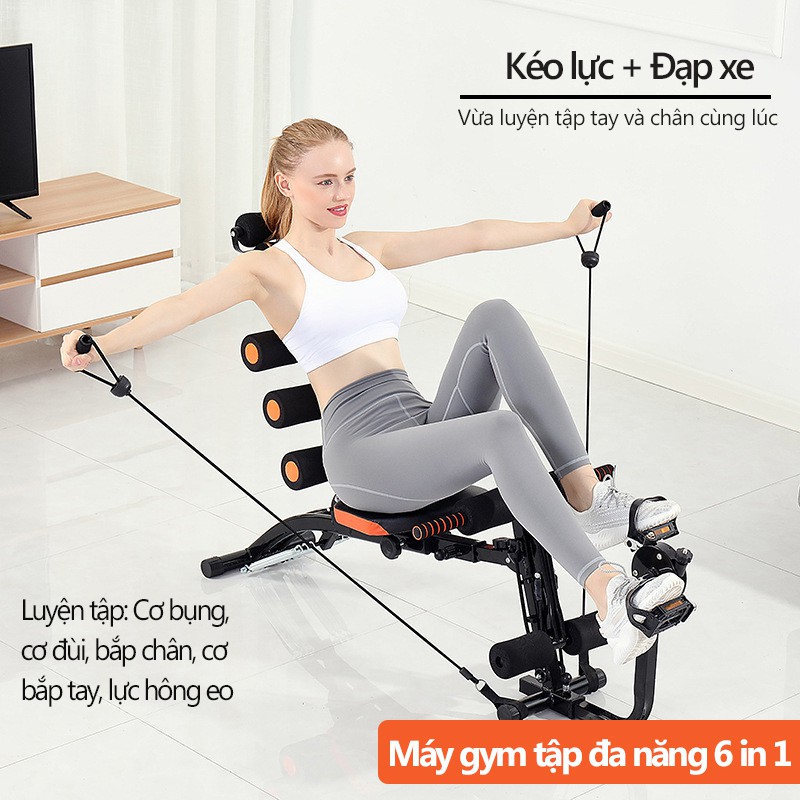 Máy tập gym máy gập bụng 6 trong 1 đa năng máy tập thể thao tại nhà tập gọn bụng thon eo có bàn đạp xe có dây kéo tập