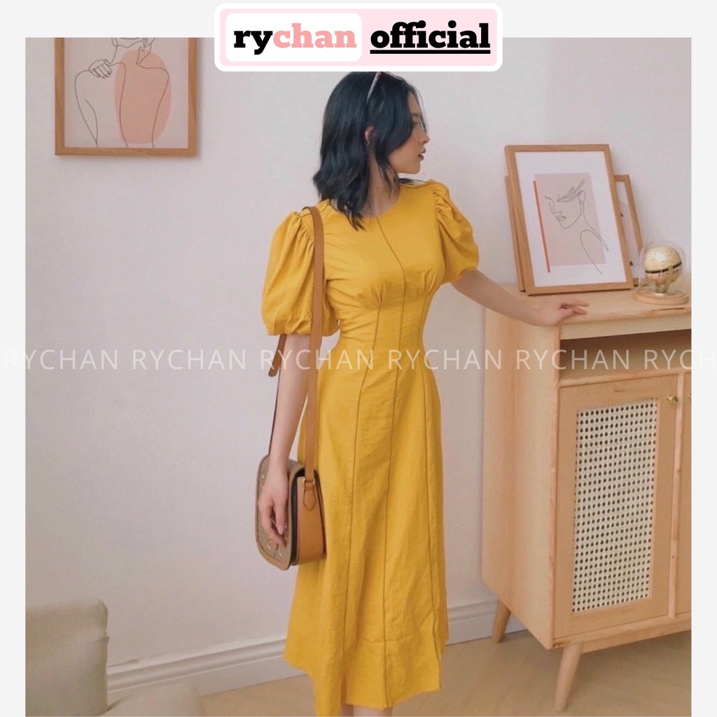 Đầm Midi Dáng Xoè Tay Bồng Phối Viền Đẹp Xuất Sắc [Ảnh Thật Cuối] Đi Tiệc Đi Làm Dài Qua Gối Màu Vàng Nude Be - DX777