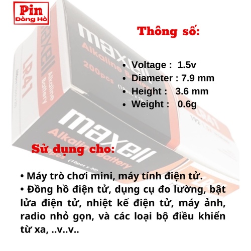 Pin 41,44,1130 Maxell LR41, LR44, LR1130 1 vỉ 10 viên. Dùng cho cmos, thiết bị điện tử, pin đồng hồ,....