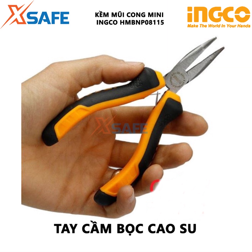 Kìm mũi cong mini INGCO HMBNP08115 Kềm mỏ cong đầu kềm chống gỉ được đánh bóng, tay cầm hai màu - XSAFE