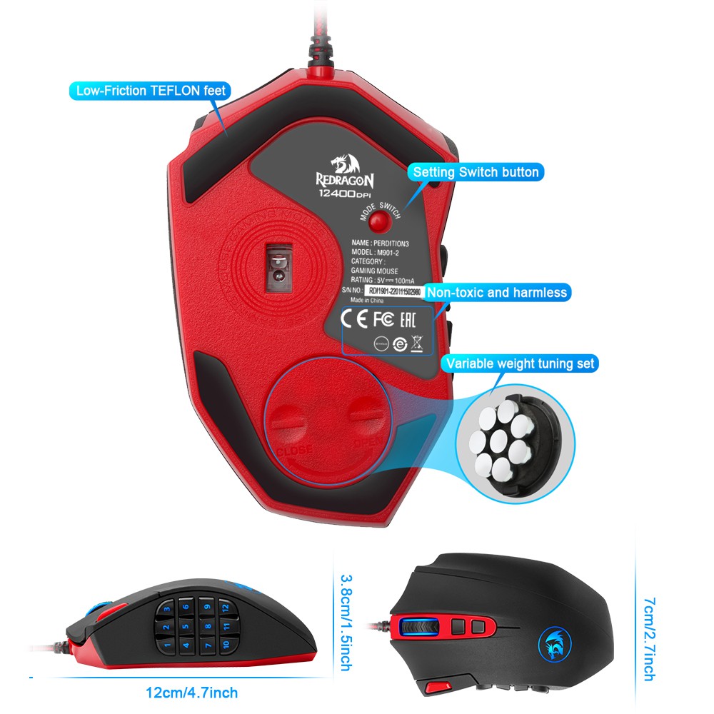 Chuột chơi game REDRAGON M901 dây usb 12400dpi 19 nút bấm có đèn sau dùng được cho máy tính xách tay