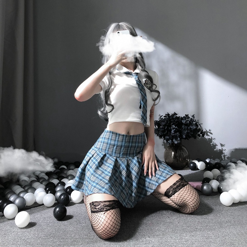 Tặng kèm vớ - Cosplay sexy đồng phục học sinh sọc caro màu xanh nhạt