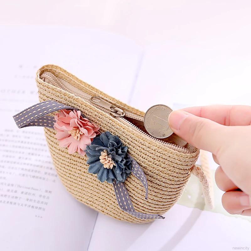 Túi rơm đeo vai đính hoa và dây ruy băng nhiều màu sắc phong cách Hàn Quốc cho bé gái