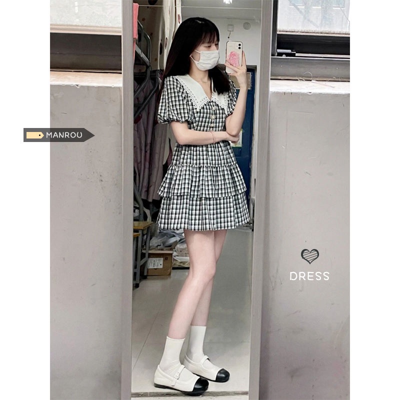 Đầm Chữ a Cổ Búp Bê Họa Tiết Kẻ Sọc Ngọt Ngào Thời Trang Mùa Hè Cho Nữ