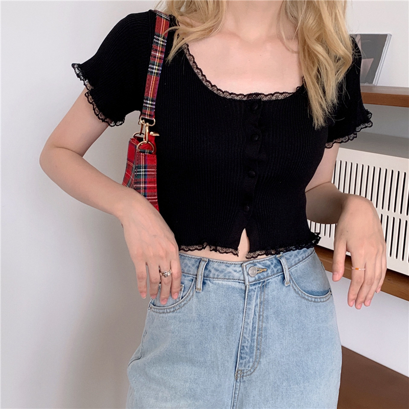 Áo Croptop Ngắn Tay Phối Ren Phong Cách Quyến Rũ Dành Cho Nữ