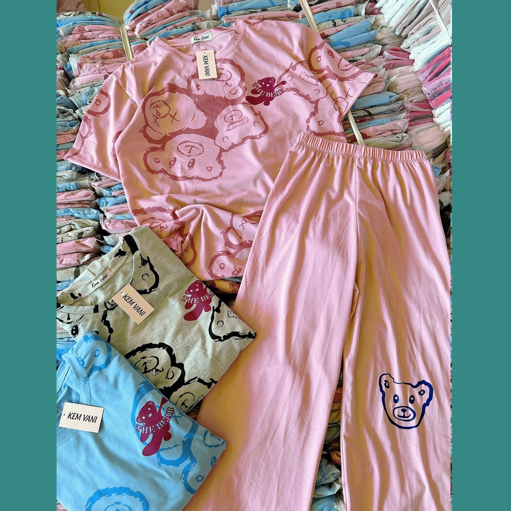Set Đồ Bộ Thun Mặc Nhà Cho Nữ Áo Phom Rộng Quần Suông Dài Họa Tiết Gấu - Ảnh Thật
