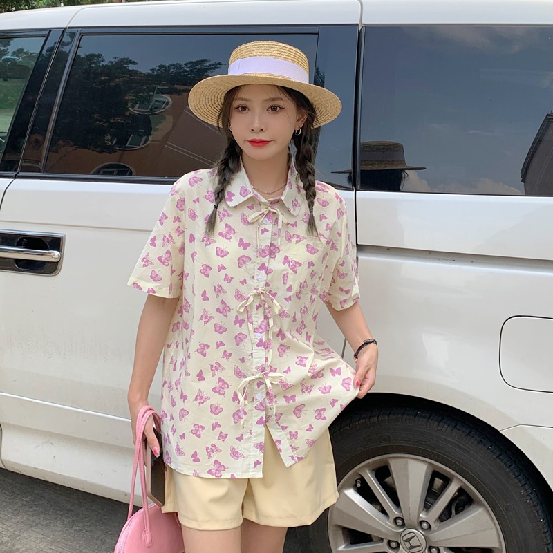 Áo Sơ Mi Ngắn Tay Dáng Rộng In Hình Bướm Xinh Xắn Thời Trang Mùa Xuân Cho Nữ