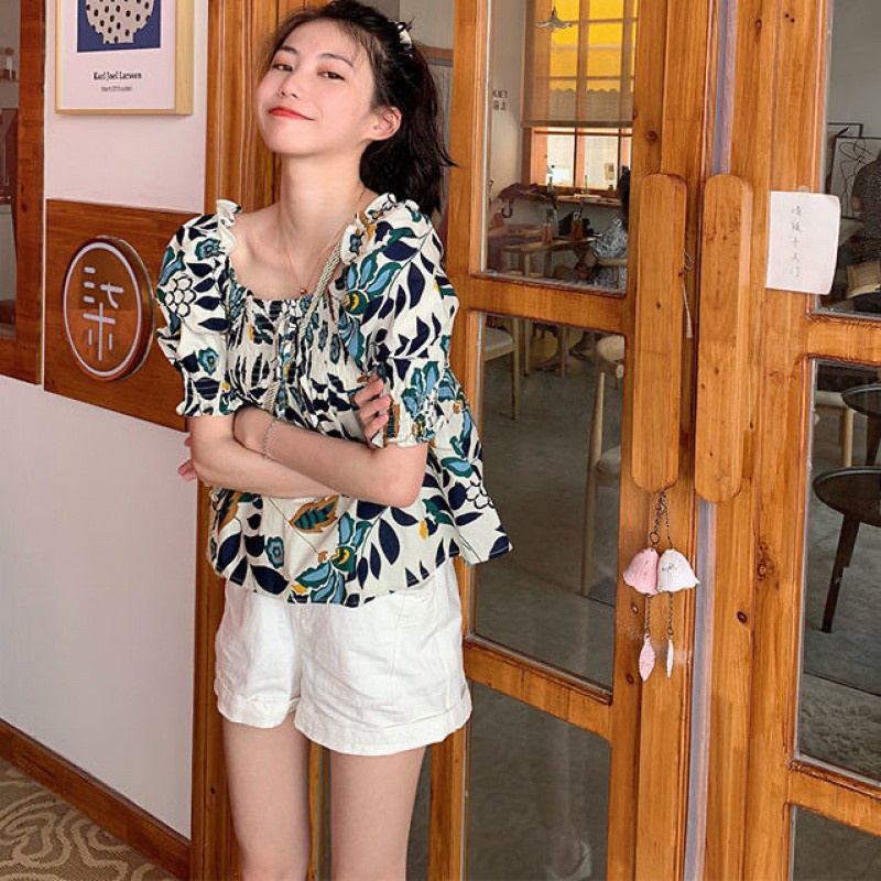 Áo kiểu tay ngắn phồng cổ vuông họa tiết hoa thời trang mùa hè dành cho phái nữ