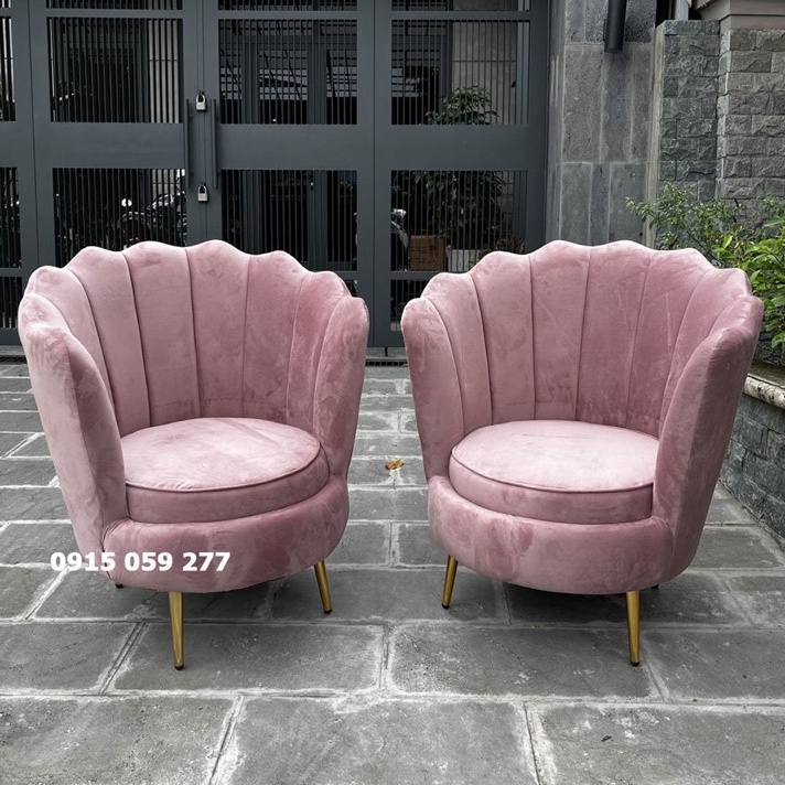 Ghế sofa đơn nhỏ hình sò chất nhung mịn cao cấp chân mạ vàng màu hồng phấn