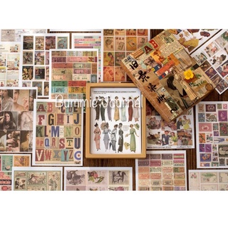 Hộp 50 tấm sticker phong cách vintage, retro trang trí sổ journal, scrapbook