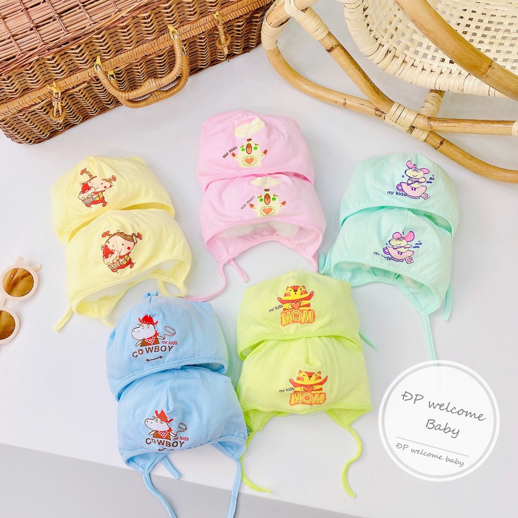 Mũ sơ sinh dây buộc đẹp in hình ngộ nghĩnh cho bé