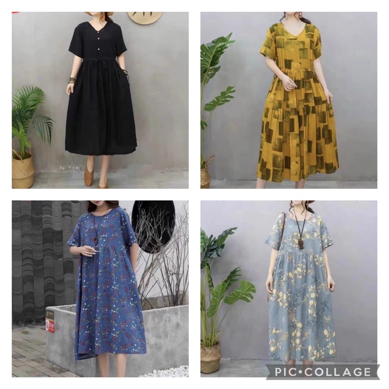 Đầm nữ dáng suông Váy nữ ngắn tay cotton lanh cao cấp 0621