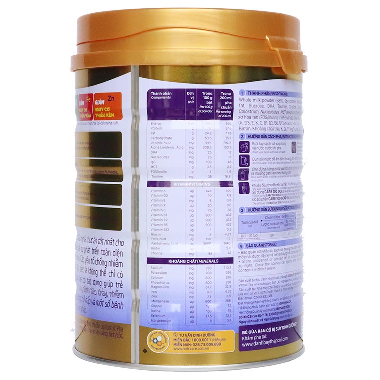 Sữa Bột Nutricare Care 100 Gold Hộp 900g - cho trẻ biếng ăn nhẹ cân