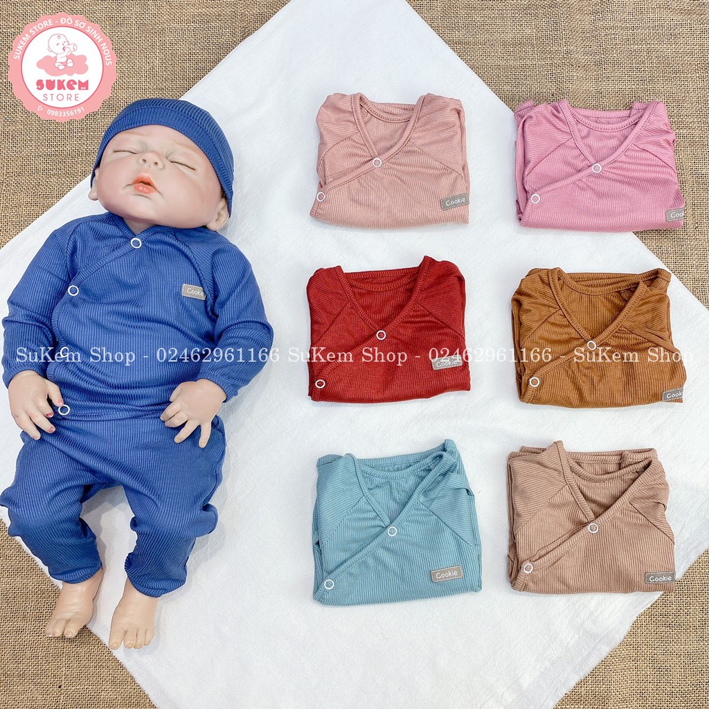 Bộ cài lệch quần cạp bo Cookie cotton mềm,mát cho bé sơ sinh