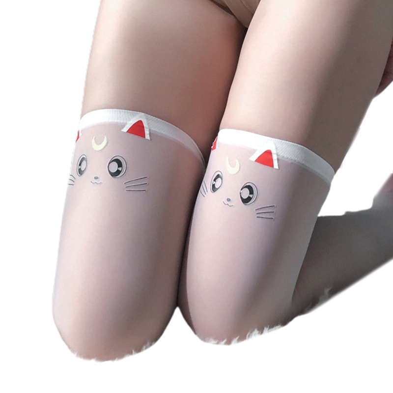 Vớ Dài Qua Gối Vải Lụa In Họa Tiết Hoạt Hình Mèo Phong Cách Lolita Nhật Bản Cho Nữ