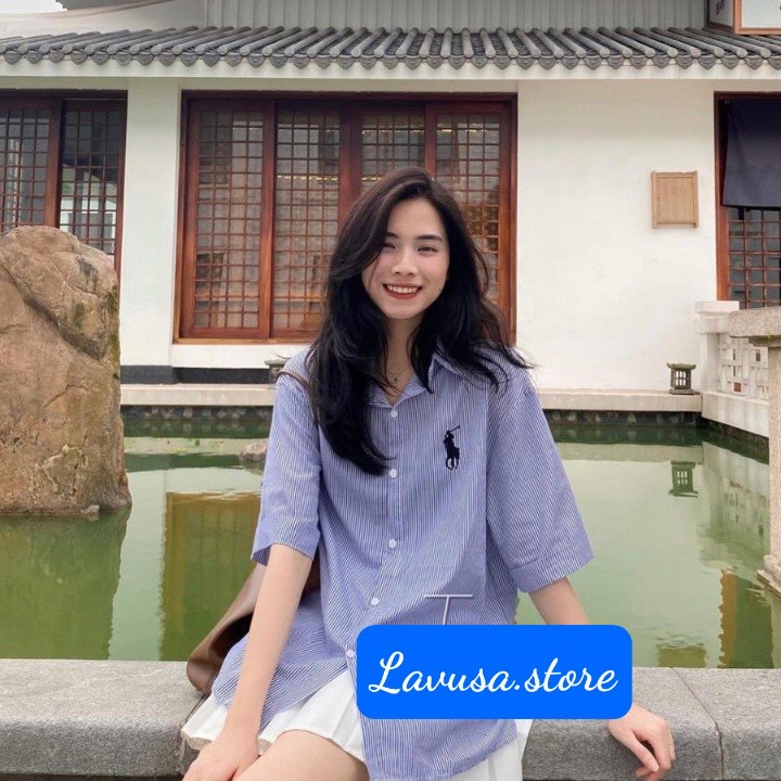 Áo sơ mi nữ form rộng kẻ ngựa thêu Kiểu Màu đen xanh đẹp ngắn tay ulzzang vintage hàn quốc cao cấp Lavusa