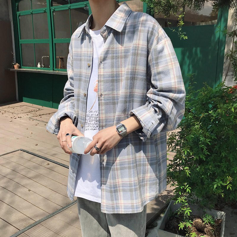 Áo sơ mi tay dài kẻ sọc caro trẻ trung thời trang phong cách Hàn Quốc cho nam