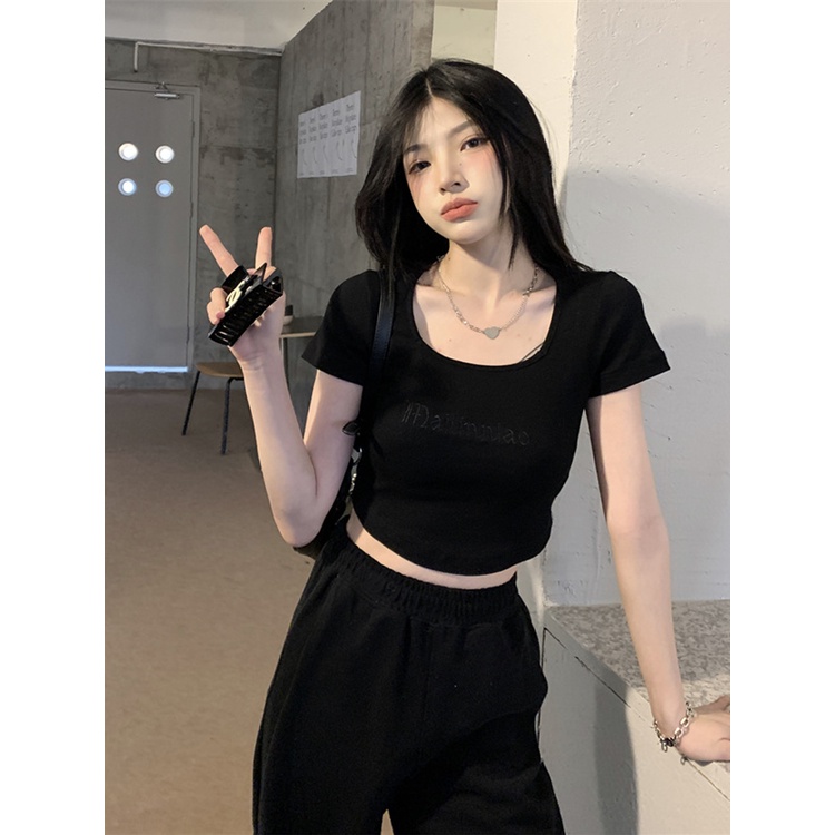 NUZIRO Áo Croptop Tay Ngắn Cổ Vuông Phong Cách Retro Hàn Quốc Cho Nữ