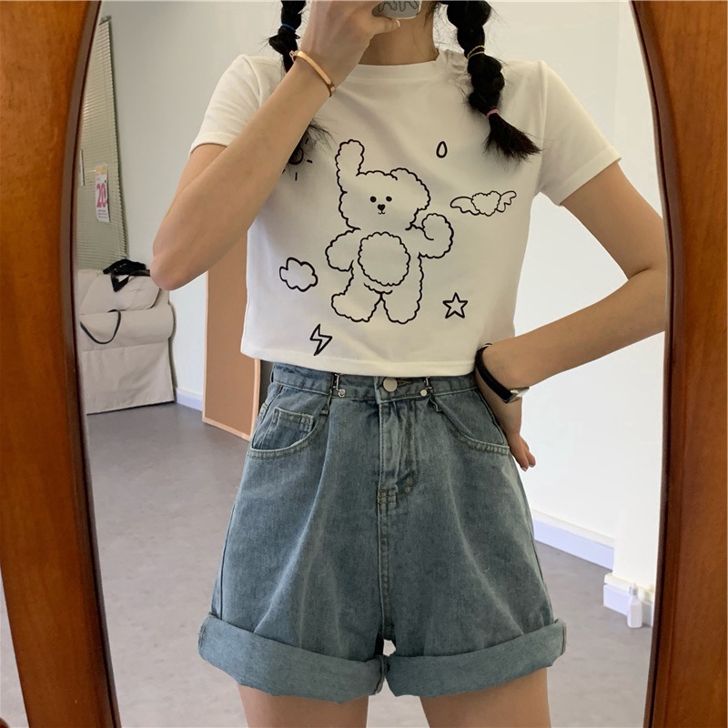 Áo Thun Tay Ngắn Cổ Tròn In Họa Tiết Gấu Xinh Xắn Dễ Thương Cho Nữ