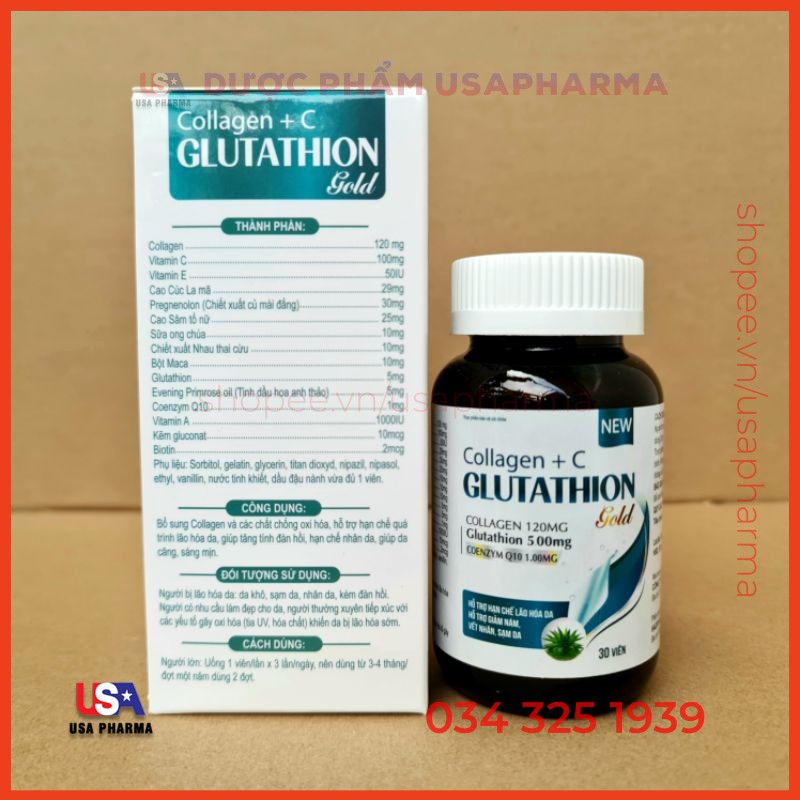 Collagen Glutathion USA, l-cystine đẹp sáng da, giảm nám sạm da - 30 viên
